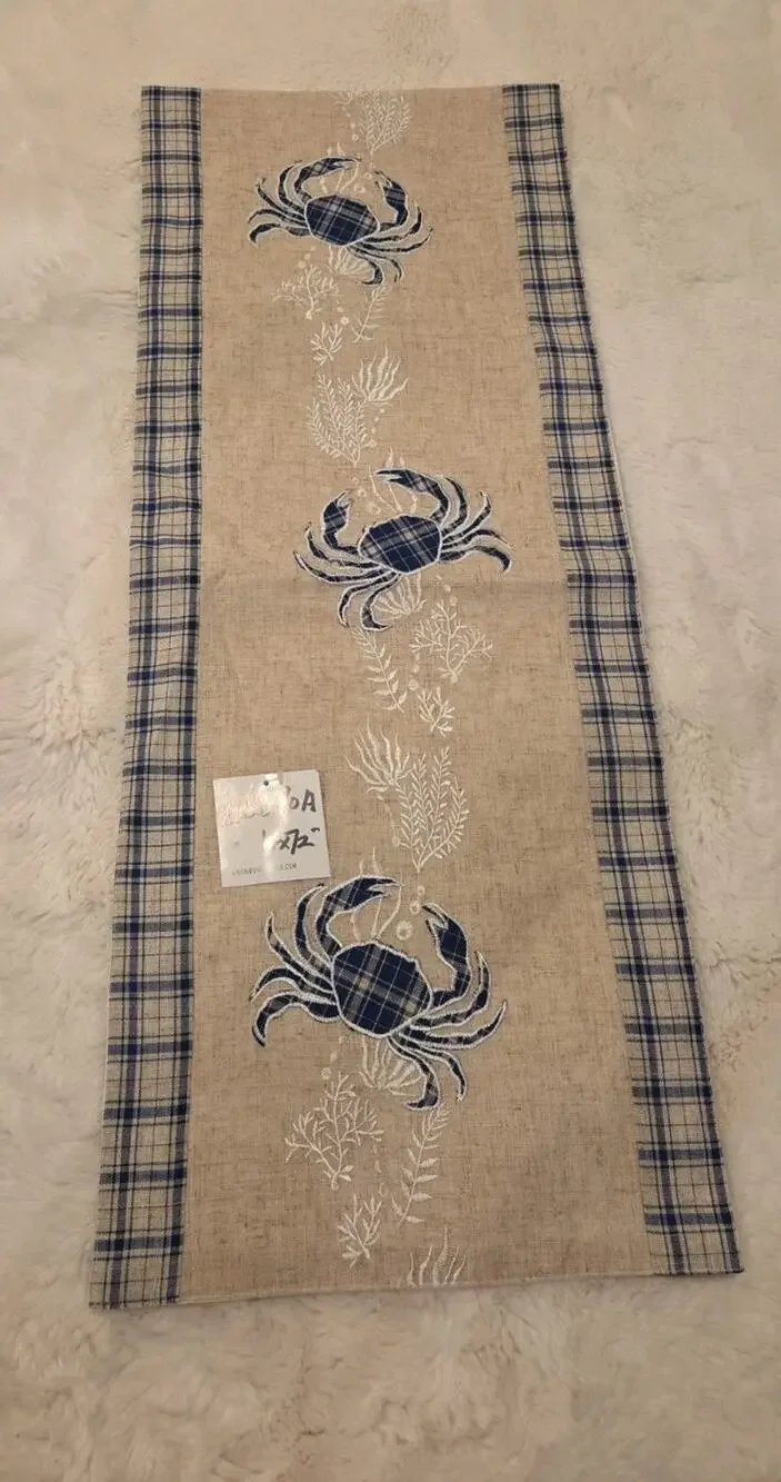 Coastal Crab Table Runner 14x72 Blue Plaid Embroidered Linen Look EB3580A Rare